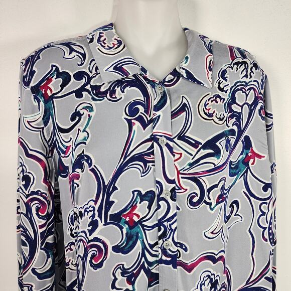 Chico’s Womens Sandwash Satin Paisley Painted Button Shirt Size 2 US 12/14 Gray - Picture 3 of 10